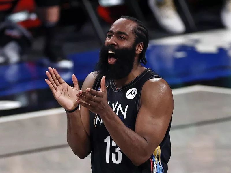 Brooklyn Nets guard James Harden reacts against Boston Celtics
