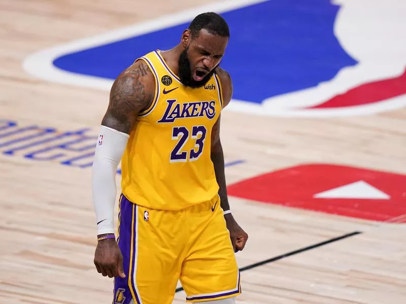 Los Angeles Lakers forward LeBron James celebrates